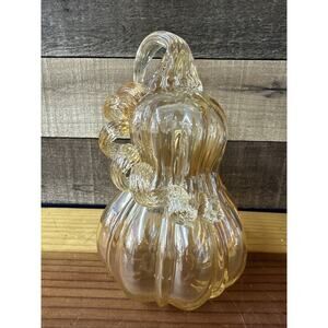 Art Glass Pumpkin Tall Gourd Squash Amber Transparent Curly Stem 9"